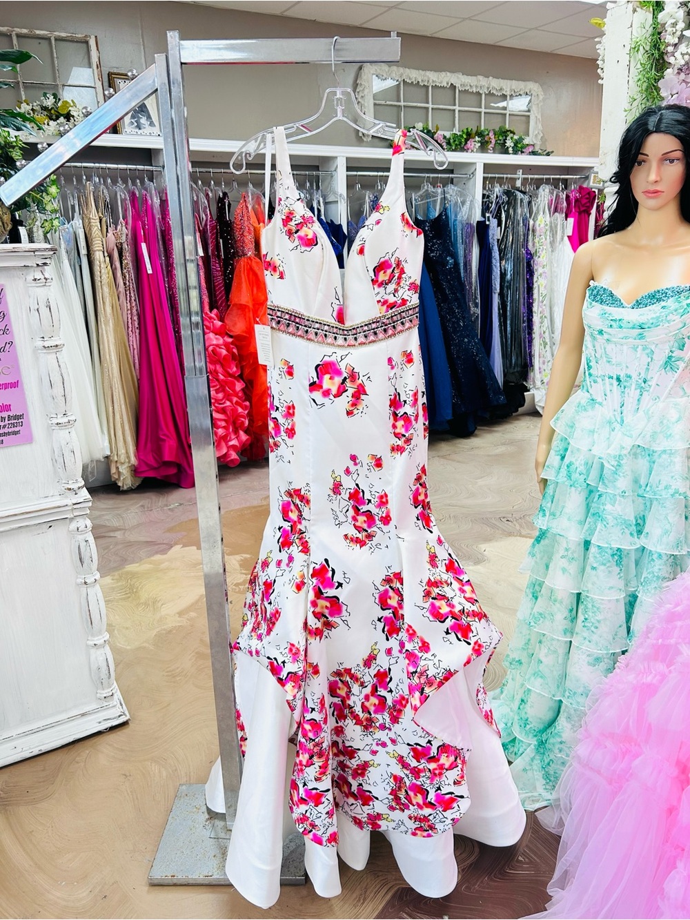Floral White and Pink Prom Dress with Embellished Waist